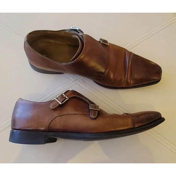 Magnanni Men's Tan Double Monk Cap Toe Brown Leather Shoes Size 10.5 M 17602‎